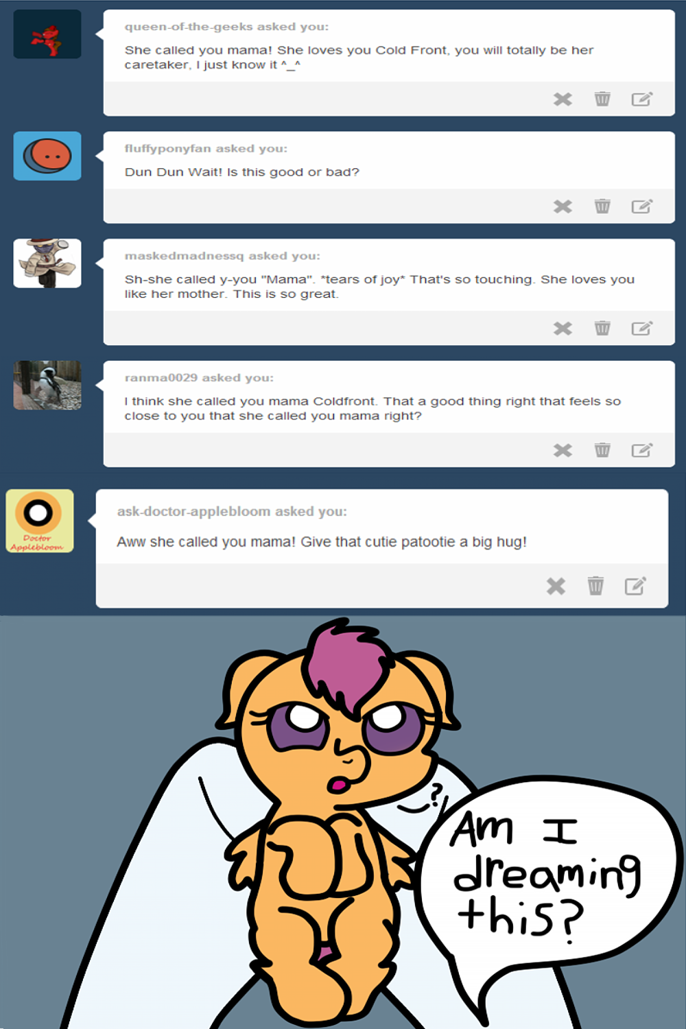 babyscoots:  Cold: ….Somepony pinch me.  ;w; Eeeee~!