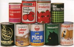 bewarethebibliophilia:  1970s canned goods label designs, from The Art of the Label by Robert Opie. We can see the Helvetica type family really taking hold in this era. And that Biba can was not a regular market item; those were high-fashion baked beans. 