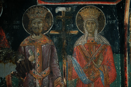 Byzantine Emperor Constantine and his mother saint Helen, 1672 fresco from the monastery of  Panagia