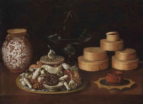 Tomás Yepes (b. ca. 1600–1674)Sugared fruits and pastries on a parcel-gilt plate, a decorated Manise