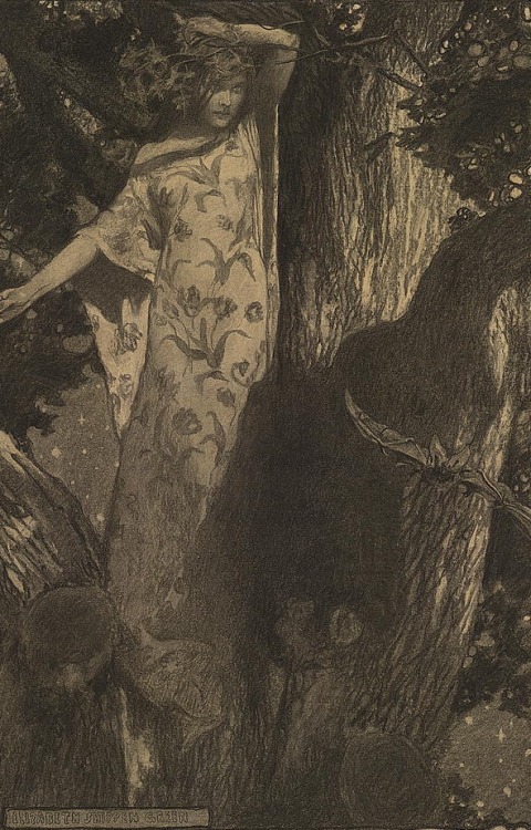 oldpaintings:So haunted at moonlight with bat and owl and ghostly moth, 1902 by Elizabeth Shipp