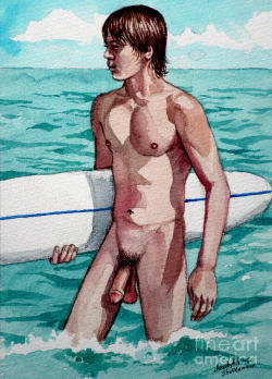 gay-erotic-art:  men-in-art:  Nude Naked Male Surfer EmergedChristopher Shellhammer   Autumn has arrived and we say goodbye to summer and all that comes with it. Many gay artists, photographers and painters, use the beach as their setting to great effect.