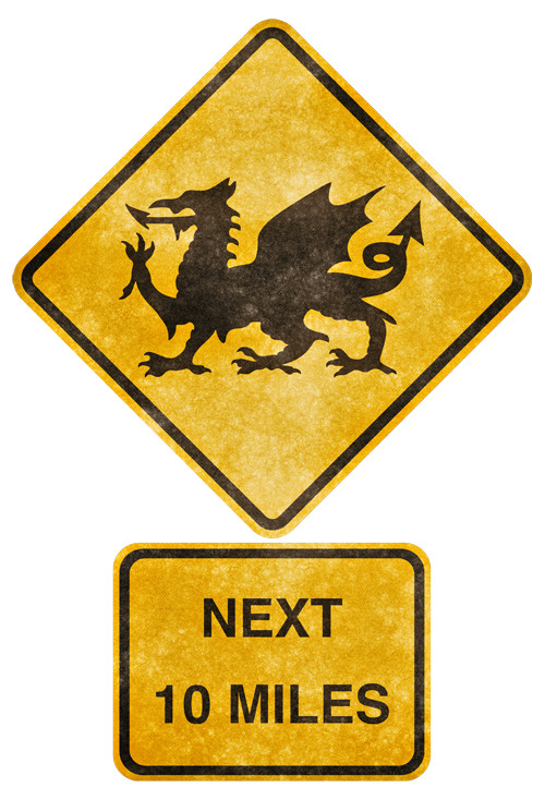 Grunge textured crossing road sign featuring the silhouette of a Welsh dragon. A conceptual design aimed at comic relief.