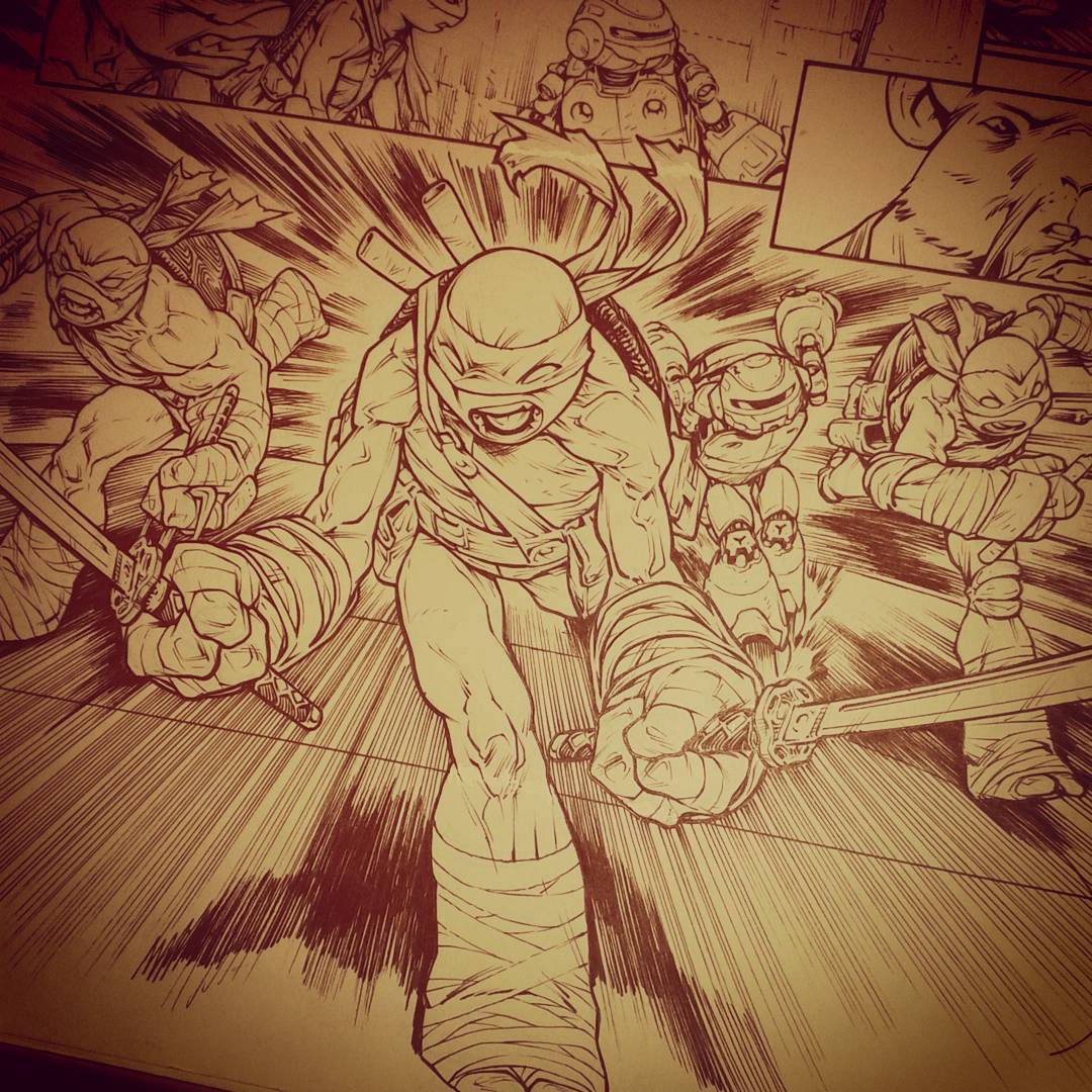 Now inked. #TMNT #comics #IDW #inks #Leonardo #Raphael #Michelangelo #robobro #metalhead #Donatello #santolouco