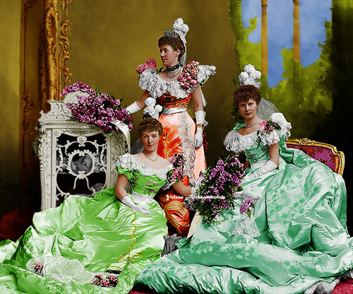 Lady Belhaven and her two daughters the day they were presented at Court, 1898. Photo colored by me.