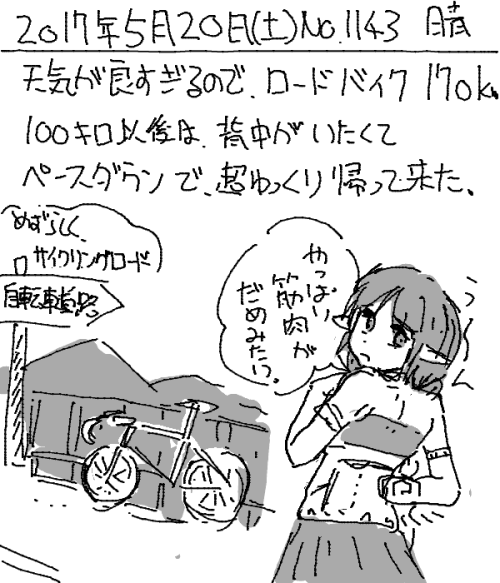 umiusi: 「絵日記 2017/05/20 お一人様で確認ライド」 後半は何回も休んで、スピードも１５キロぐらいしか出せない状態で帰宅。