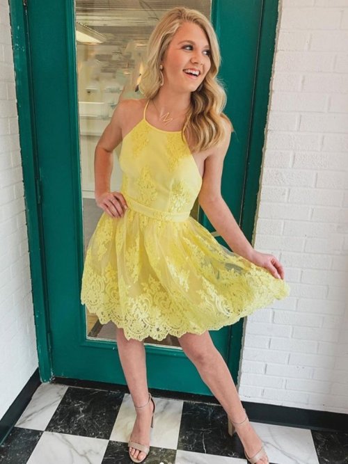 shinyparty: Elegant Open Back Yellow Lace Short Prom Dresses, Yellow Lace Homecoming Dresses, Yellow