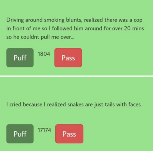 tastefullyoffensive:  Stoner Confessions (via imgur)  whoever posted this removed the “that hi