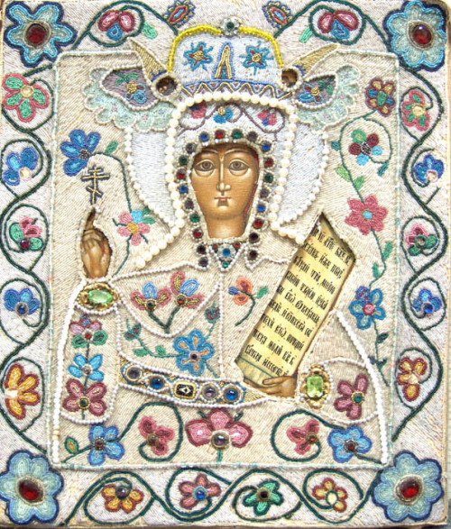 St Parascheva, embroidered icon from the Ural region; 1800s Russia