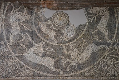 Fragment of a pebble mosaic floor from the ancient Greek polis of Sicyon, depicting Centaurs and var
