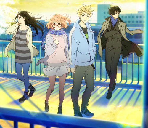 artbooksnat:  Beyond the Boundary (境界の彼方 I’LL BE HERE)The latest key visual for the movie features Mitsuki Nase, Mirai Kuriyama, Akihito Kanbara, and Hiroomi Nase all looking just a bit more grown up. The official site also updated with new