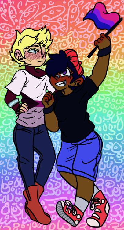 im finally done dear godLucas’ bracelet is the demiboy flag, shirt is demisexual. Ness’ flag is bi