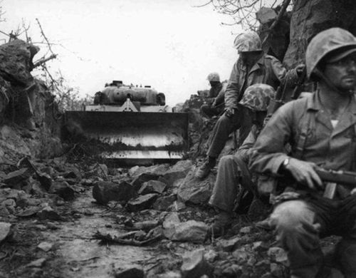 bmashina:The Sherman bulldozer and us Marines in the open with it the trench. 1945.Iwo Jima.