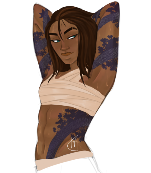 accessableimages:souratgar:beau warm up[ID: A drawing of Beau, a human monk from Critical Role, from