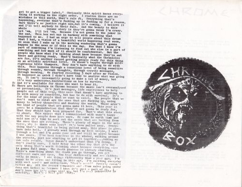 flyer, 8 1/2 x 11 in., chrome box set interview by max bell, circa 80s.