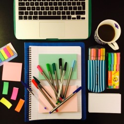 joolshallie:Note taking essentials 📝  ^^^this is heaven. colors, pens, highlighters, sticky notes, coffee&hellip; it just needs scissors, tape, and yarn and i will sit at this desk all hours of the day and night.a bookshelf would be nice too, but there