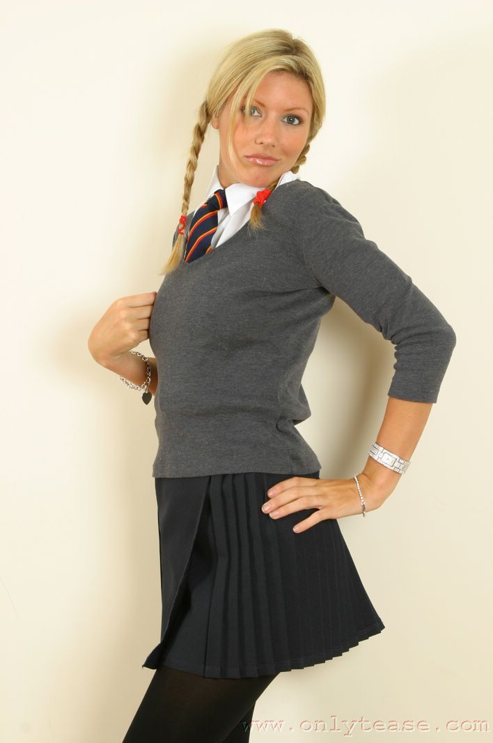 onlyhose:  Sexy blonde Nicole in college uniform with opaque tights