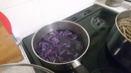 Trying out some natural rope dye using red cabbage. Grey/Blue on the left by adding some bicarb and 