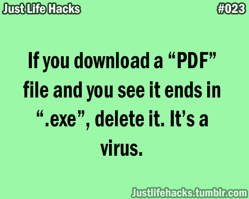If you download a “PDF” file and you see it ends in “.exe”, delete it. It’s a virus.