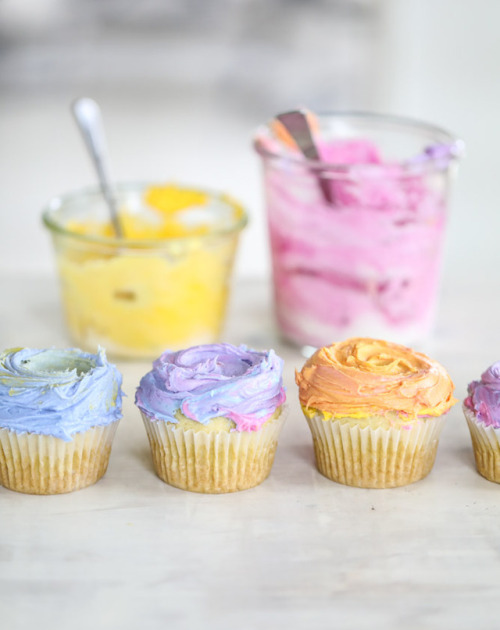 olive oil cupcakes with rainbow mascarpone buttercream.