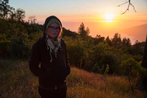 Big Sur at sunset with a nice assortment of vegan camp food. Beyond Burgers with Upton’s Bacon