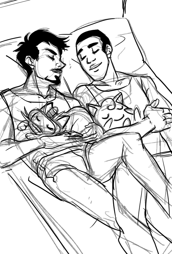 hackedmotionsensors:  quick little scribbly bob. Rhodey and Tony napping at a Poke-Inn