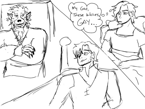 a messy sketch of a scene from my Fic Something There that Wasn’t There Before!Fellas, is it gay to 