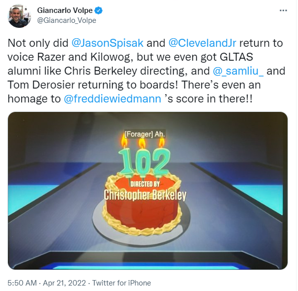 https://twitter.com/Giancarlo_Volpe/status/1517123609352982528 Giancarlo Volpe: Not only did @JasonSpisak and @ClevelandJr return to voice Razer and Kilowog, but we even got GLTAS alumni like Chris Berkeley directing, and @_samliu_ and Tom Derosier returning to boards! There’s even an homage to @freddiewiedmann’s score in there!!