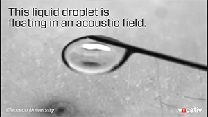 zerostatereflex:  Scientists used a powerful acoustic field to float a liquid droplet