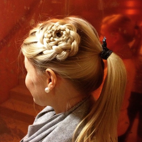 #ponytail with a #flowerbraid tied with a gray #cutietie #hair #hairstyle #updo #blond #blonde #lace
