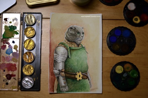 and-speak:  commission for @aroaceinyourface​ of his extremely cute character Fissure Price. oh my goodness, this was such a fun painting!watercolors + finetec metallics for the belt gear and rivets