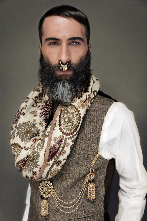 menandfashion:  REMINESCENCE | Sasha Marini andAurelien Muller by Brice Hardelin for Vangardist November 2013 (1) Zara suit, shirt and tie Smalto (2) Smalto, scarf Zara (3) vest Smalto, Zara scarf (4) Smalto, necklace Zaraindian-like accessories