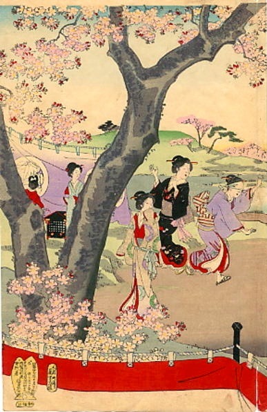 Chikanobu Youshuu 豊原周延 (1838-1912)Ladies in waiting at Chiyoda Palace for cherry blossoms party - Ch