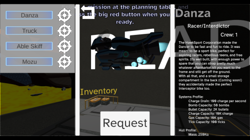 A view of the vehicle customizer in which the player can choose which vehicle they wish to spawn, learn about the capabilities of the vehicle, or customize their loadout further.