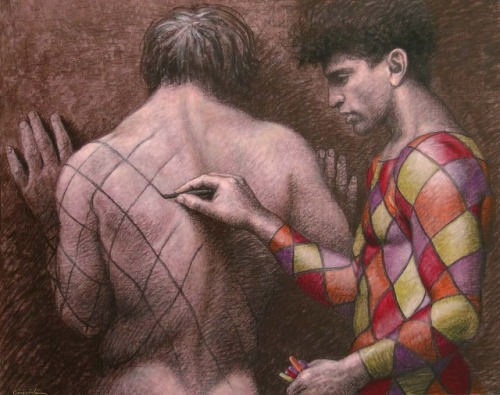gift-wrapped:Giuliano Giuggioli (b. 1951, Vetulonia, Italy), La Vestizione (from the series Gli Arlecchini), oil on canvas, 100 x 80 cm.