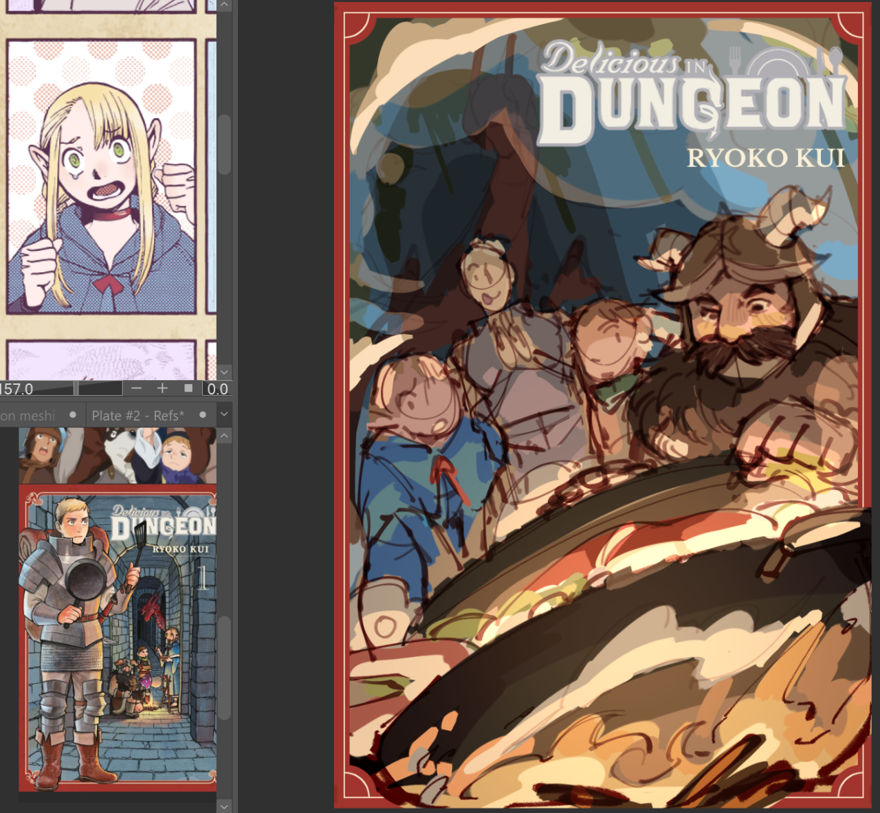 A screenshot of Clip Studio Paint showing Dungeon Meshi reference pictures on the left and a WIP cover on the right.