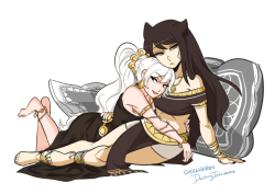 dashingicecream:  part 1 of an art collab done with @chiicharron !!    (●´□`)♡    blake and weiss from my Guardian!AU  this was very fun to do aaaaaaaaaaa &lt;333 