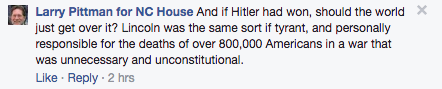 Larry Pittman is a state legislator in North Carolina. This is Larry commenting on his own Facebook 
