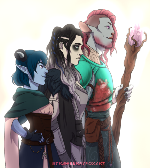 magnus-mcelroy:strawberryfoxart:GOD SQUAD[Image description: A digital drawing of Jester, Yasha and 