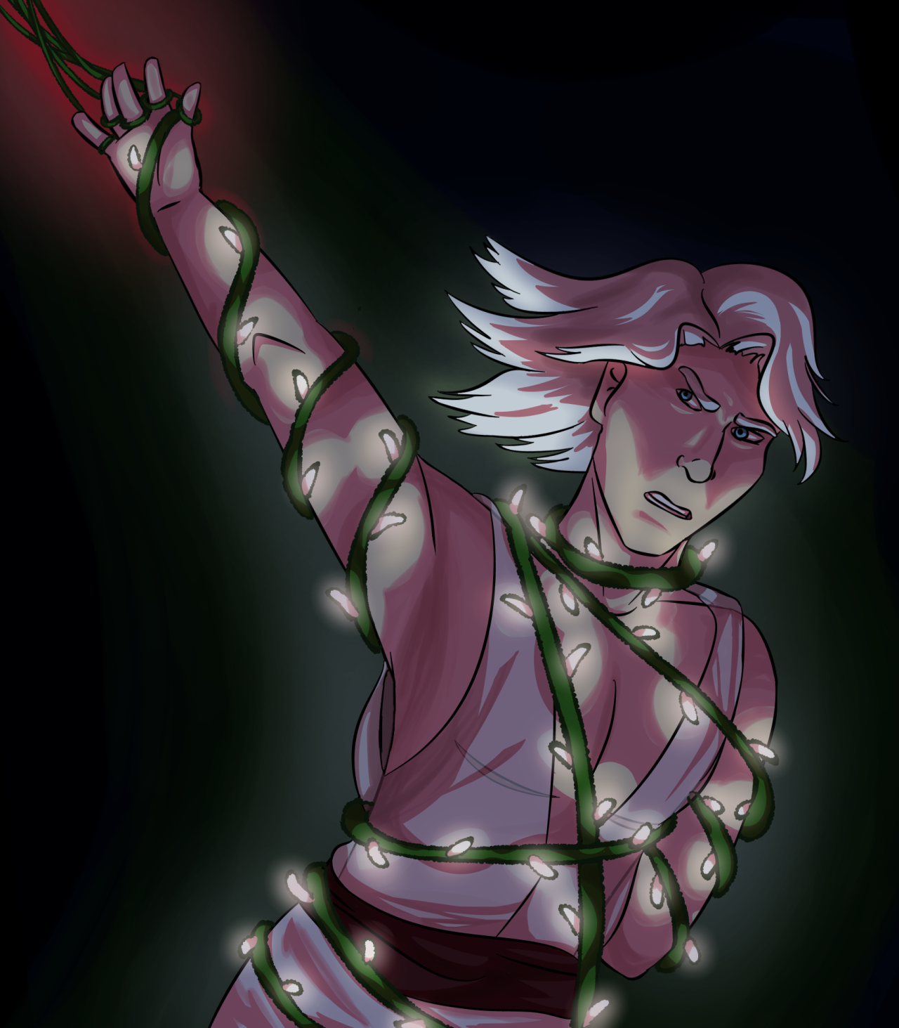 puppetmaster doesn’t seem too keen on letting you go, changeling[id: a digital drawing of Travis from Skyjacks. Travis is a white man with shoulder length white hair and top surgery scars, wearing a sheer shift with a maroon sash at his waist. He is grimacing, with one arm tied back behind his back and one arm pulled up behind him. He is tied in vines with glowing silver leaves, which are the only light source /end id] #skyjacks#campaign skyjacks#travis matagot#ash draws #what am i if not a pile of multiply layers