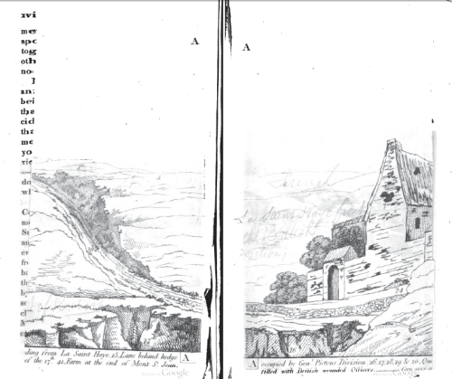 Plate left folded, with handwriting altering the landscape.
From The Battle of Waterloo: Containing the Accounts Published by Authority, British and Foreign, and Other Relative Documents, with Circumstantial Details, Previous and After the Battle,...