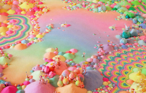 asylum-art:Candyland: Pip & Pop’s Dreamy, Dyed-Sugar Kingdoms														Between Willy Wonka, Fantasia, and the Candyland board game, who hasn’t let their mind occasionally wander to a place colored with a Lisa Frank palette; where jewels are