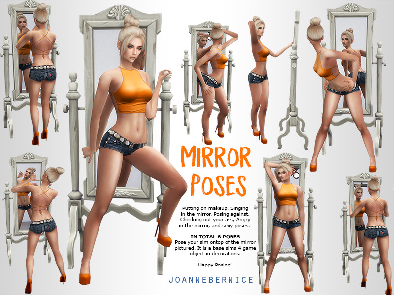 8 poses of a female sim posing in front of a mirror in a sexy manner. 