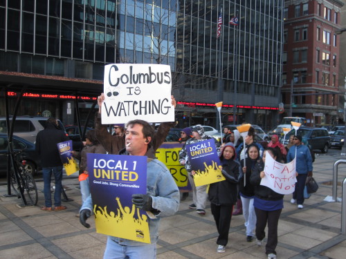 Columbus janitors rallied and marched across downtown today as they prepare to resume contract barga