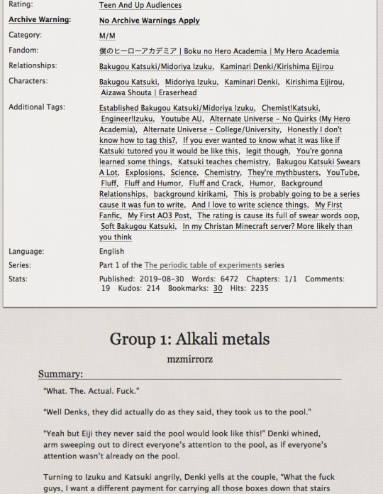 Screenshot of AO3 fic group 1: alkali metals