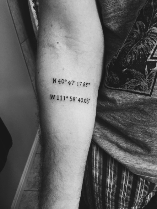 fuckyeahtattoos:  Coordinates Tattoo (Salt Lake City Coordinates)Convicted Ink Tattoo // Orem, Utah - USA