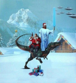 gdfalksen:  Jedi Jesus, Santa, and a velociraptor