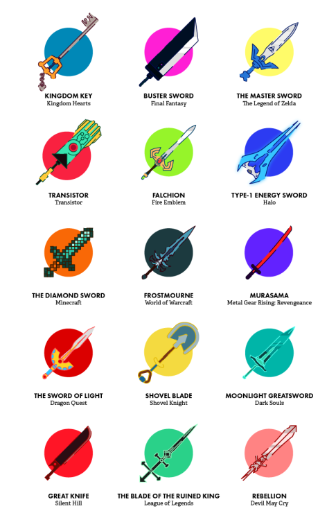 psinesthesia:  a recent illustration series i did of 15 various video game swords! \o/ If you like what you see, feel free to check out my other post featuring 15 anime/manga swords \o/  