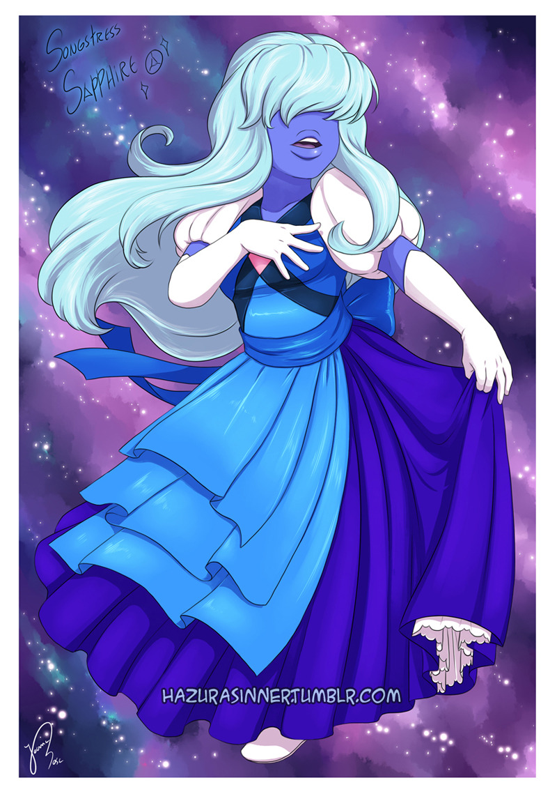 hazurasinner:
“ I’ve been growing a little fond of the idea of Sapphire have been some kind of celebrity songstress and that her songs could’ve inspired the Homeworld Gems’ armies, before Rose Quartz’s rebellion. And after that she’d inspire Rose’s...