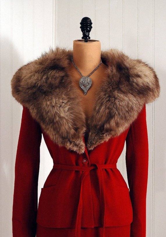 ephemeral-elegance:  Fox Fur Trimmed Ensemble (Jacket and Skirt), ca. 1950s Manchester